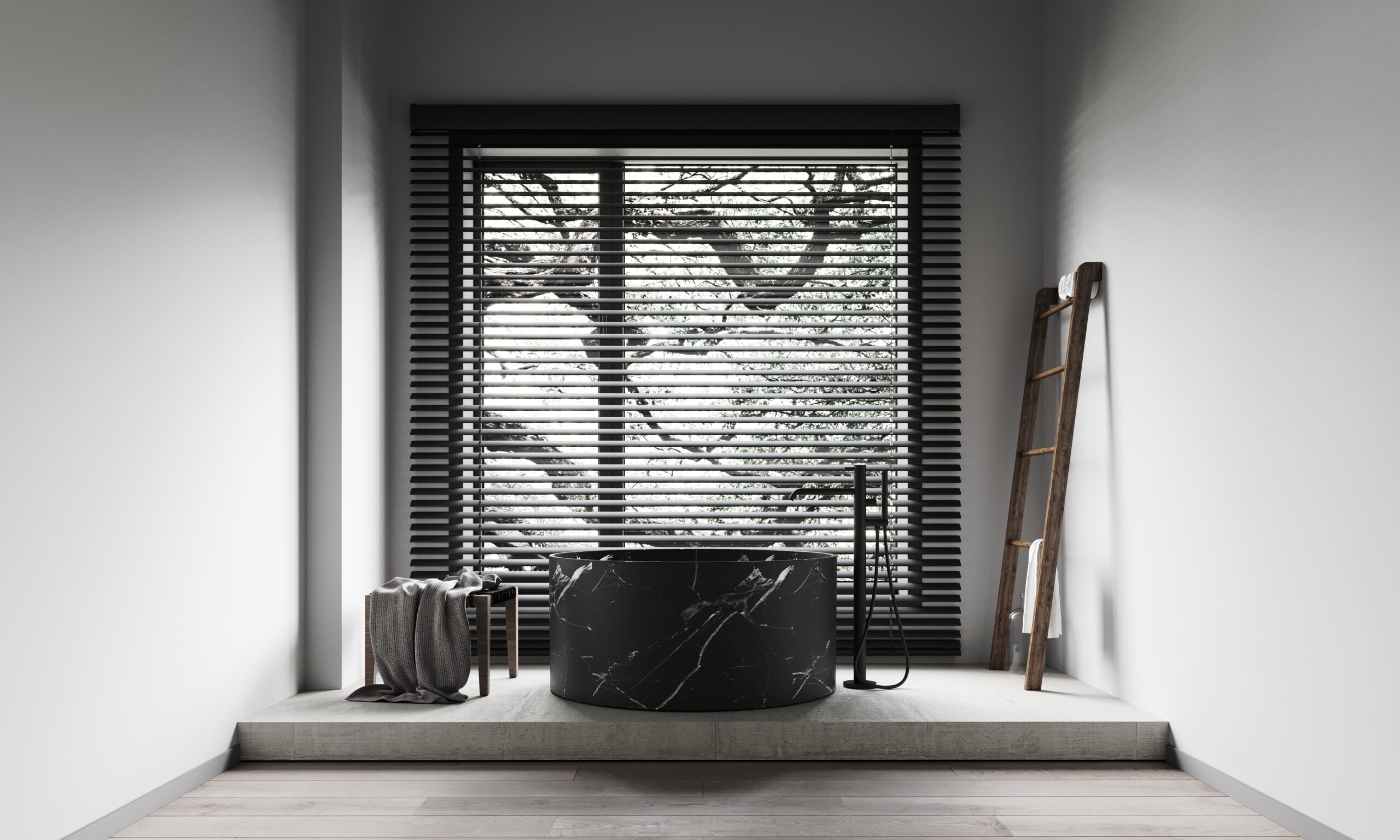 3d render of a minimalistic bathroom near a large shuttered window with a round black marble bathtub and bathroom decor 3d render of a minimalistic bathroom near a large shuttered window with a round black marble bathtub and bathroom decor